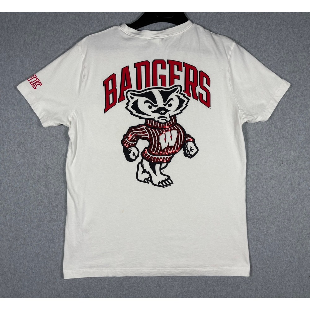 PINK Victoria's Secret Wisconsin Badgers Sequin T-Shirt White Large Bucky Badger